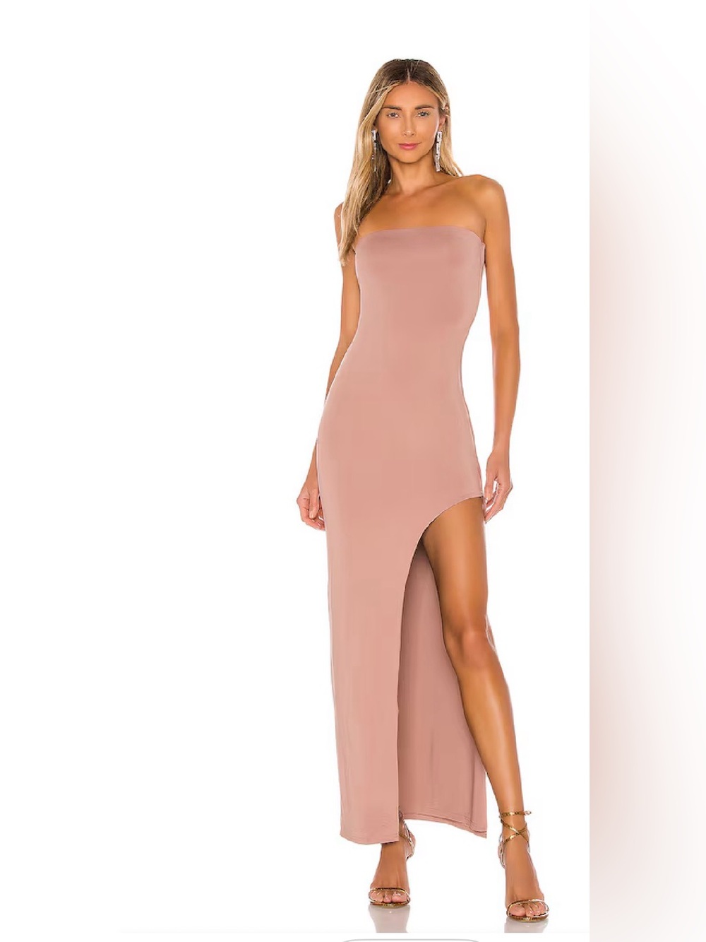 SUPERDOWN Toni Strapless Lined Floor Length Side Slit Maxi Dress Mocha SIZE XS